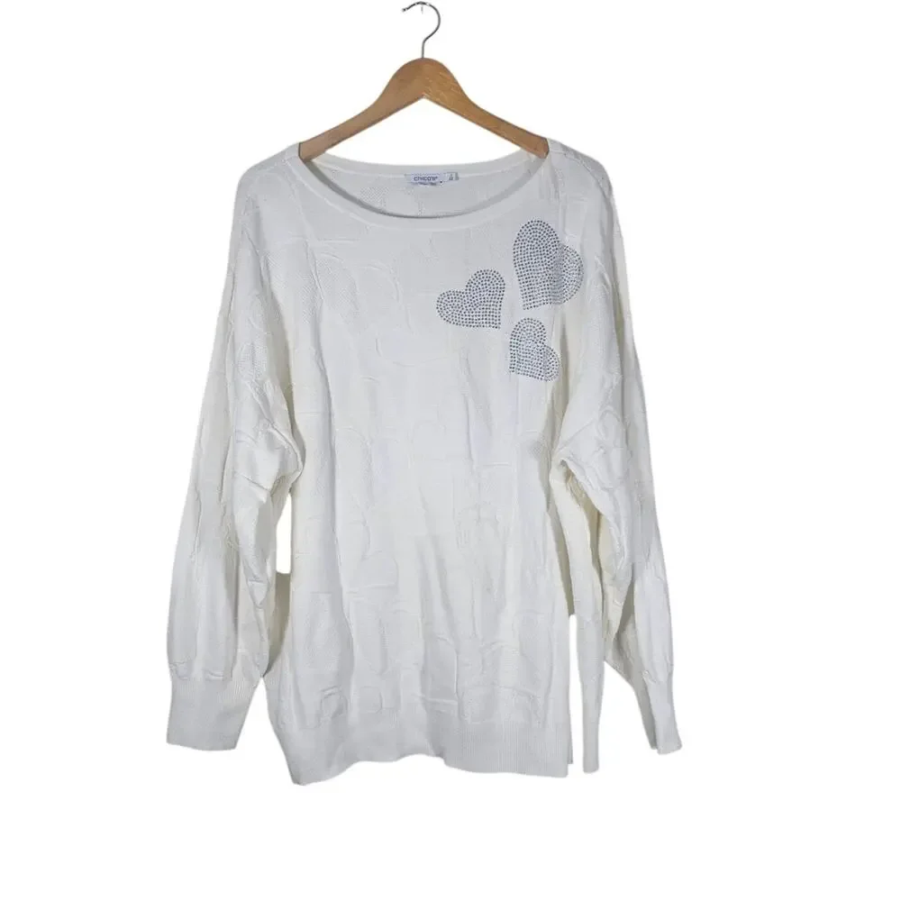 Chico's Embellished Valentine's Day Pullover Sweater Ecru Silver Rhinestones, 4